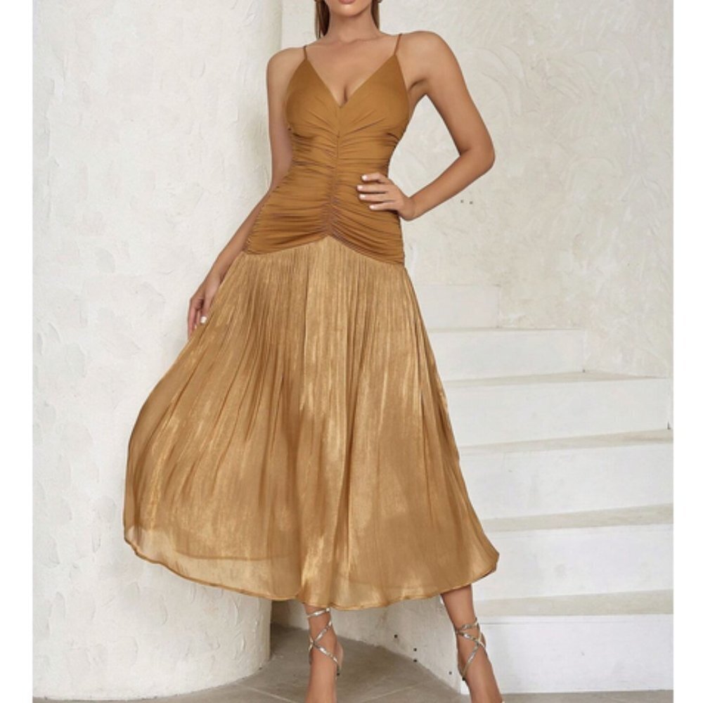 Brownish with metallic shimmer Ruched Front Spaghetti Strap Cami Dress